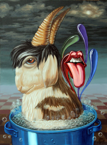 Painting titled "Mick Jagger`s Soup" by Victor Molev, Original Artwork, Oil Mounted on Wood Stretcher frame