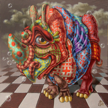 Peinture intitulée "Very Strange Rhino" par Victor Molev, Œuvre d'art originale, Huile
