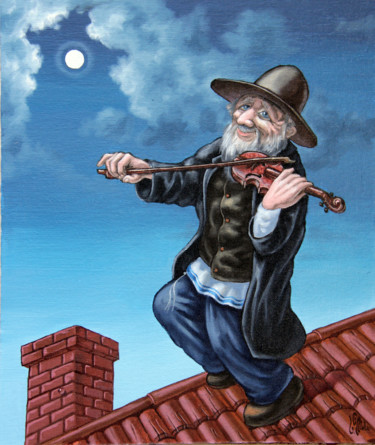 Painting titled "Fiddler on the Roof" by Victor Molev, Original Artwork, Oil