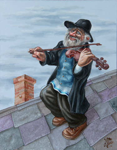 Painting titled "Fiddler on the Roof…" by Victor Molev, Original Artwork, Oil Mounted on Cardboard