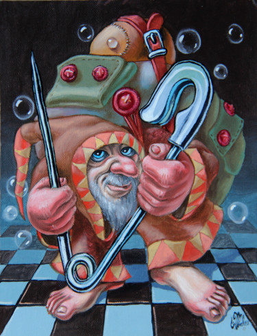 Painting titled "Dwarf with a Pin." by Victor Molev, Original Artwork, Oil Mounted on Cardboard