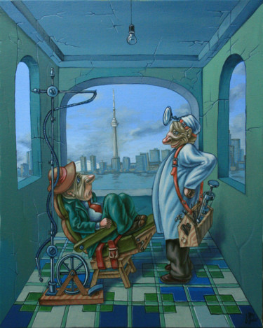 Painting titled "Dentist" by Victor Molev, Original Artwork, Oil Mounted on Wood Stretcher frame