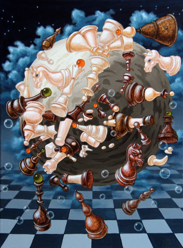 Pintura intitulada "The Chess planetoid…" por Victor Molev, Obras de arte originais, Óleo