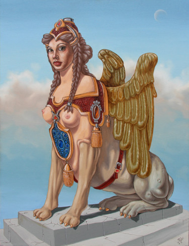 Painting titled "Large sphinx of the…" by Victor Molev, Original Artwork, Oil Mounted on Wood Stretcher frame