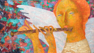 Pintura intitulada "Angel with a flute" por Victorov Mihail, Obras de arte originais, Óleo