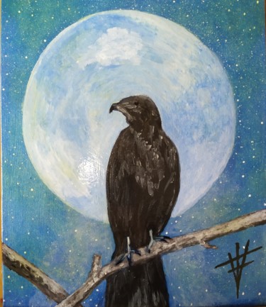 Pintura titulada "Cuervo en la noche" por Vidal Fernández Richart, Obra de arte original, Acrílico