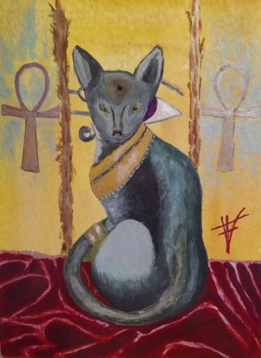 Peinture intitulée "Gato egipcio" par Vidal Fernández Richart, Œuvre d'art originale, Encre