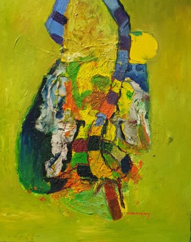 Painting titled "Composition verte" by Vieux Niang, Original Artwork, Oil Mounted on Wood Stretcher frame