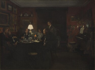 Malerei mit dem Titel "Discussion du soir" von Viggo Johansen, Original-Kunstwerk, Öl