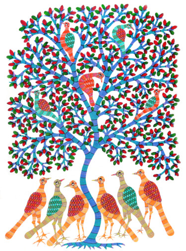 Картина под названием "Gond Painting Tree…" - Vijay Kumar Shyam, Подлинное произведение искусства, Акрил