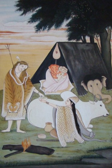Painting titled "GOD SHIVA WITH FAMI…" by Vijay Soni, Original Artwork, Pigments