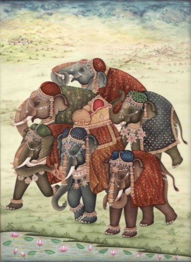 Ζωγραφική με τίτλο "ELEPHANT FAMILY" από Vijay Soni, Αυθεντικά έργα τέχνης, Ακουαρέλα