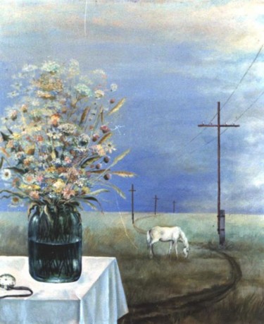 Картина под названием "пейзаж с белой лоша…" - Кострицкий Владимир, Подлинное произведение искусства