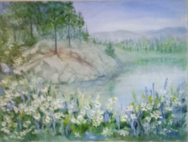 Painting titled "Озеро. Туман." by Muxabbat Efimova, Original Artwork, Oil
