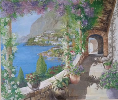 Картина под названием "Аллея цветов. Греция" - Muxabbat Efimova, Подлинное произведение искусства, Масло