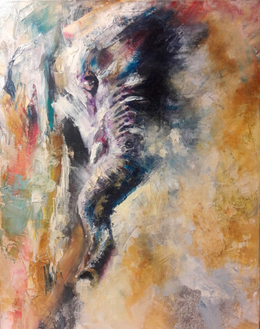 Painting titled "Elephant in dust" by Vika Skaya, Original Artwork, Oil