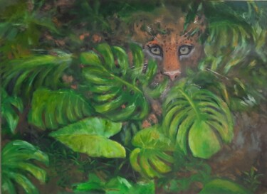 Painting titled "Зеленые листья монс…" by Vika Gumarova, Original Artwork, Oil Mounted on Wood Stretcher frame