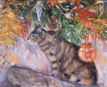 Картина под названием "В рождество под елк…" - Vika Gumarova, Подлинное произведение искусства, Масло Установлен на Деревянн…