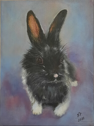 Painting titled "Черный кролик" by Vika Gumarova, Original Artwork, Acrylic Mounted on Wood Stretcher frame