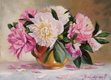 Картина под названием "White and pink peon…" - Светлана Вавейкина, Подлинное произведение искусства, Масло