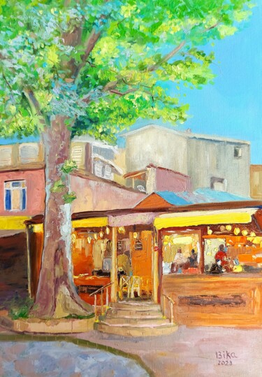 Malerei mit dem Titel "Cafe in Beykoz" von Viktoriia Slavinska, Original-Kunstwerk, Öl