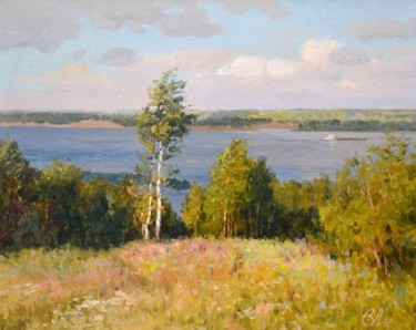 Painting titled "Вид на Волгу" by Vikentii Lukiianov, Original Artwork, Oil