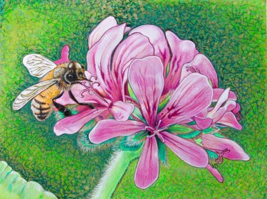 Painting titled "Bee" by Vikki Jackson, Original Artwork, Acrylic Mounted on Cardboard