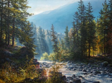 Schilderij getiteld "Mountain stream" door Viktar Yushkevich Yuvart, Origineel Kunstwerk, Acryl