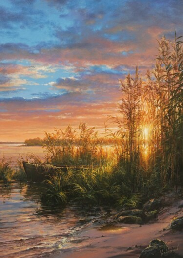Peinture intitulée "Sunset on the river" par Viktar Yushkevich Yuvart, Œuvre d'art originale, Acrylique