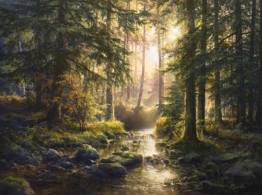 Malerei mit dem Titel "Quiet forest stream" von Viktar Yushkevich Yuvart, Original-Kunstwerk, Acryl