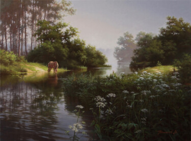 Painting titled "утро туманное" by Viktor Filippov, Original Artwork, Oil