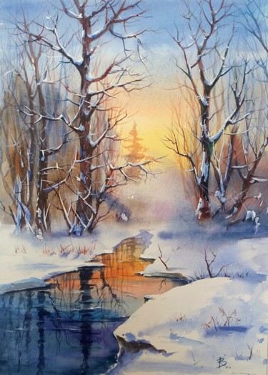 Schilderij getiteld "Winter creek" door Viktor Kovalev, Origineel Kunstwerk, Aquarel