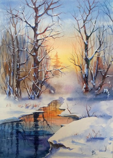 Pintura intitulada "Winter creek" por Viktor Kovalev, Obras de arte originais, Aquarela