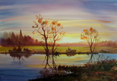 Картина под названием "Evening on the river" - Viktor Kovalev, Подлинное произведение искусства, Акварель