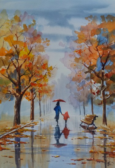 Painting titled "Autumn alley" by Viktor Kovalev, Original Artwork, Watercolor