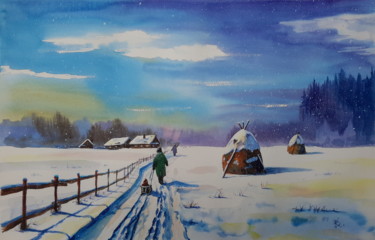 Peinture intitulée "Winter in the villa…" par Viktor Kovalev, Œuvre d'art originale, Aquarelle