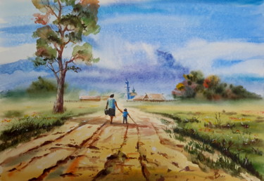 Painting titled "Country road" by Viktor Kovalev, Original Artwork, Watercolor