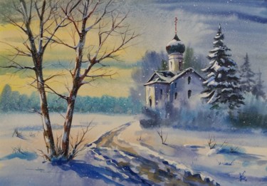 Painting titled "Village church in w…" by Viktor Kovalev, Original Artwork, Watercolor