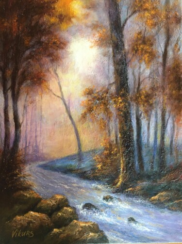 Painting titled "forest stream" by Viktor Kurson, Original Artwork, Oil