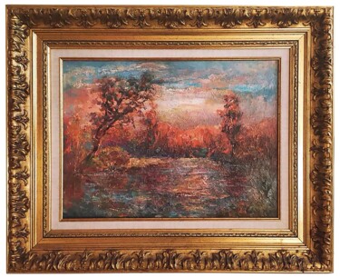 Painting titled "Crimson evening, oi…" by Viktor Makarov, Original Artwork, Oil Mounted on Wood Stretcher frame