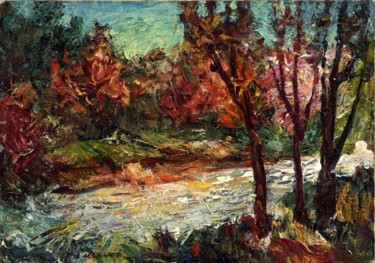 Painting titled "River landscape, oi…" by Viktor Makarov, Original Artwork, Oil Mounted on Wood Stretcher frame