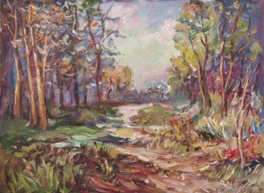 Painting titled "The forest path, oi…" by Viktor Makarov, Original Artwork, Oil Mounted on Wood Stretcher frame
