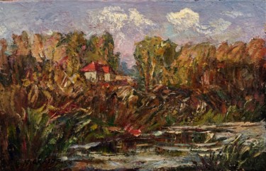 Painting titled "By the river, oil p…" by Viktor Makarov, Original Artwork, Oil Mounted on Wood Stretcher frame