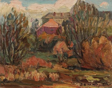 Pittura intitolato "Local landscape, oi…" da Viktor Makarov, Opera d'arte originale, Olio Montato su Telaio per barella in l…