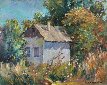 Painting titled "A house in the subu…" by Viktor Makarov, Original Artwork, Oil Mounted on Wood Stretcher frame