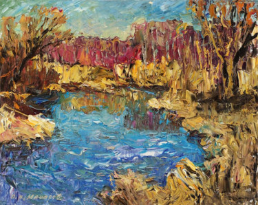 Painting titled "View over the river…" by Viktor Makarov, Original Artwork, Oil Mounted on Wood Stretcher frame