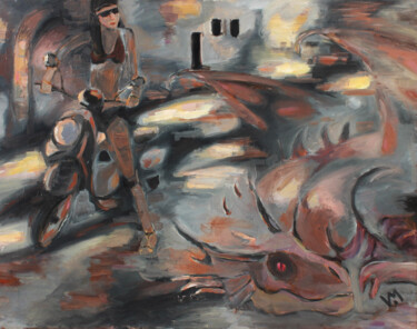 Painting titled "womans and dragons 2" by Viktor Mesogios, Original Artwork, Oil Mounted on Wood Stretcher frame