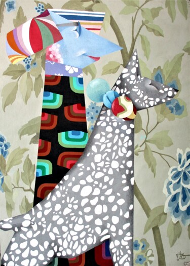 Malerei mit dem Titel ""Lady with a Dog"" von Viktor Miniailo, Original-Kunstwerk, Gouache