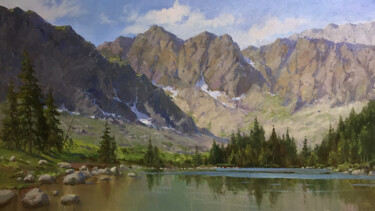 Painting titled ""Mountain Lake Land…" by Viktor Neberikutia, Original Artwork, Oil