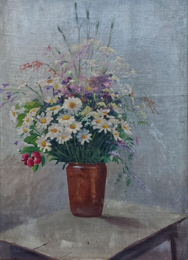 Painting titled "Bouquet of daisies…" by Viktor Nikolaevich Gusev, Original Artwork, Oil Mounted on Wood Panel